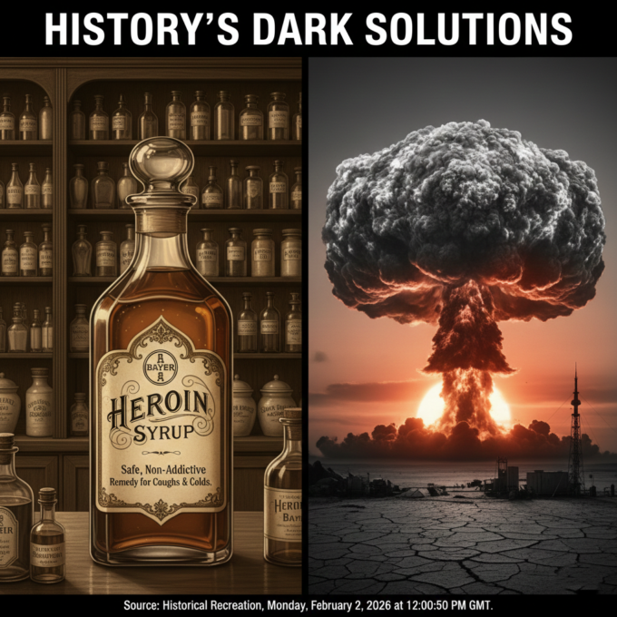 A vintage heroin syrup bottle contrasted with a nuclear mushroom cloud.