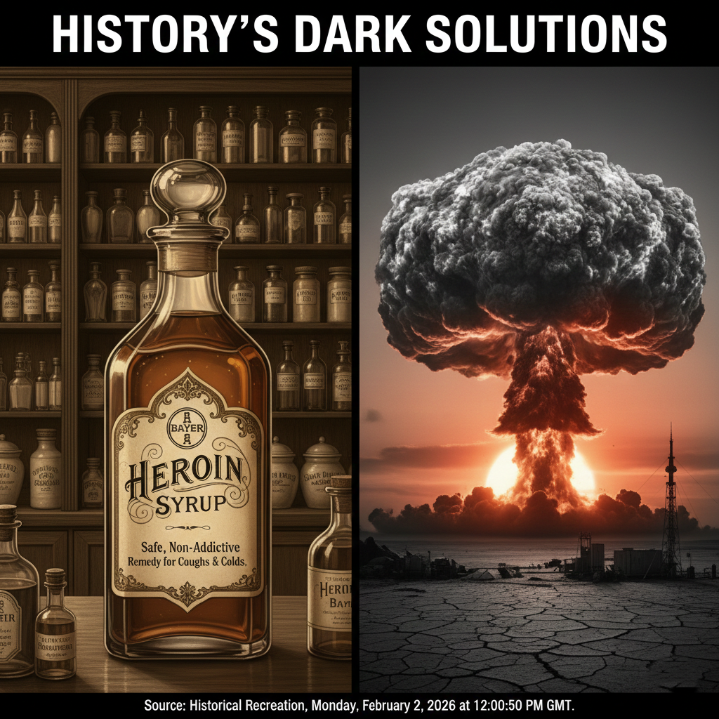 A vintage heroin syrup bottle contrasted with a nuclear mushroom cloud.