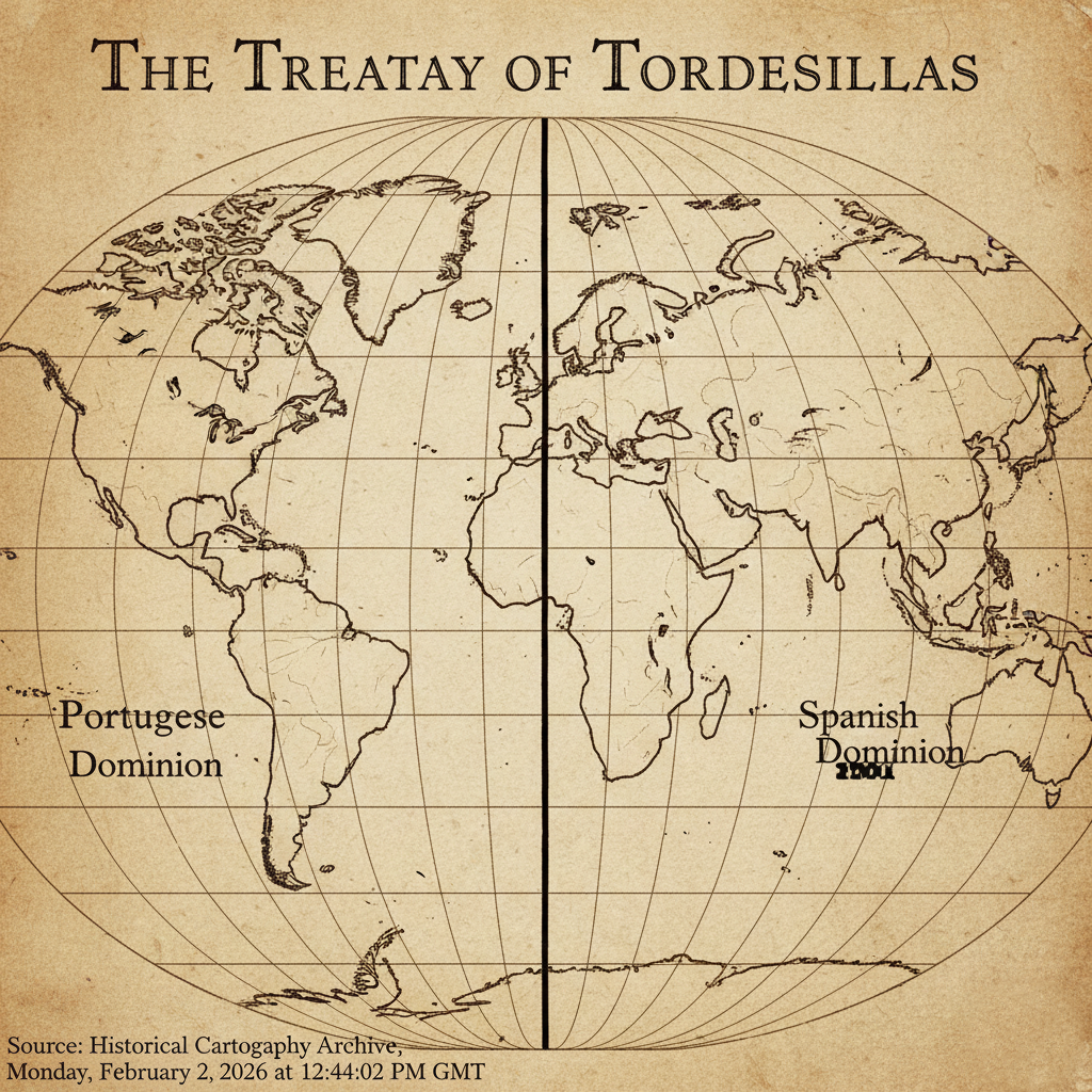 A vintage map illustrating the division of the New World between Spain and Portugal.