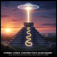 An artistic depiction of an alien spacecraft hovering over the Mayan pyramid of Chichen Itza.