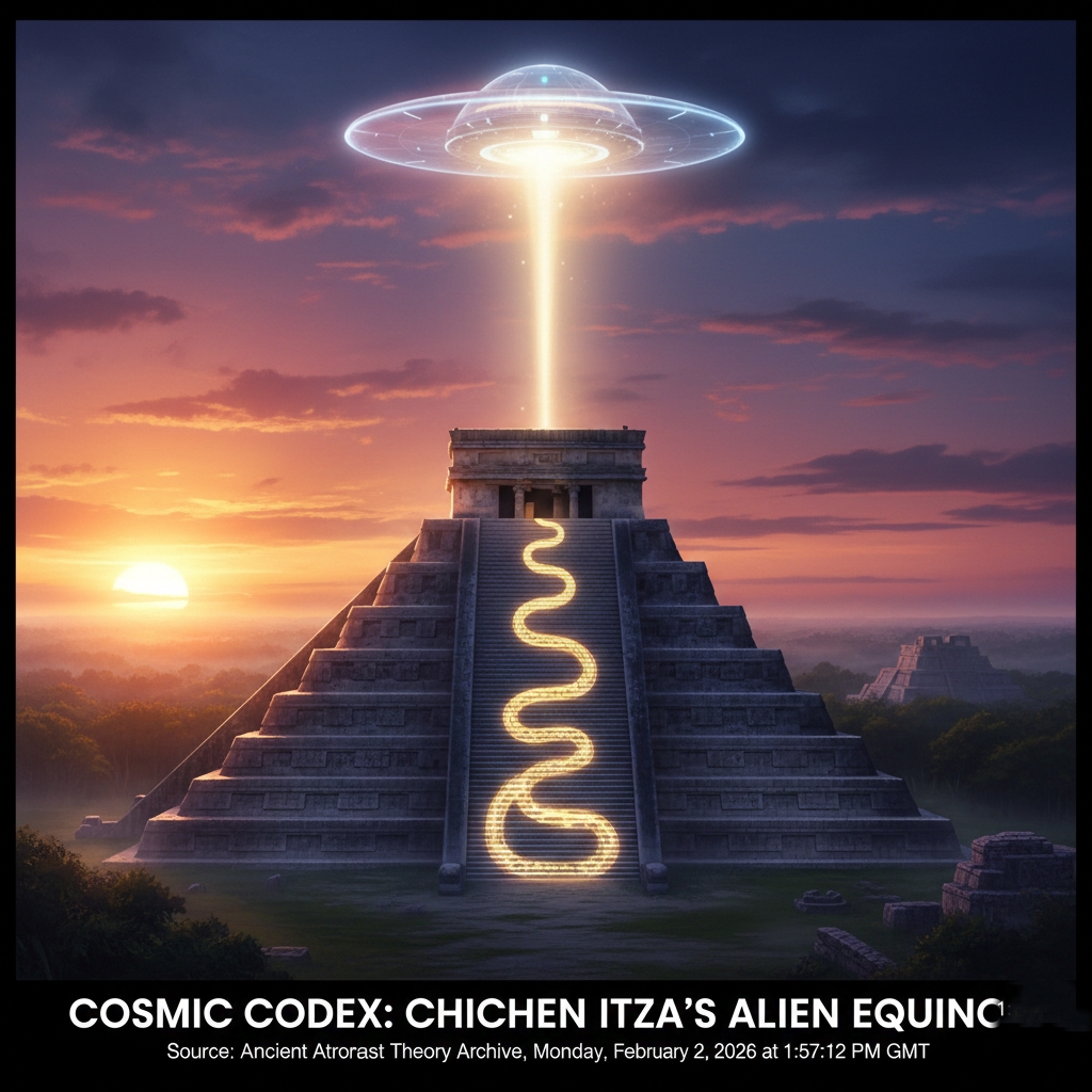 An artistic depiction of an alien spacecraft hovering over the Mayan pyramid of Chichen Itza.