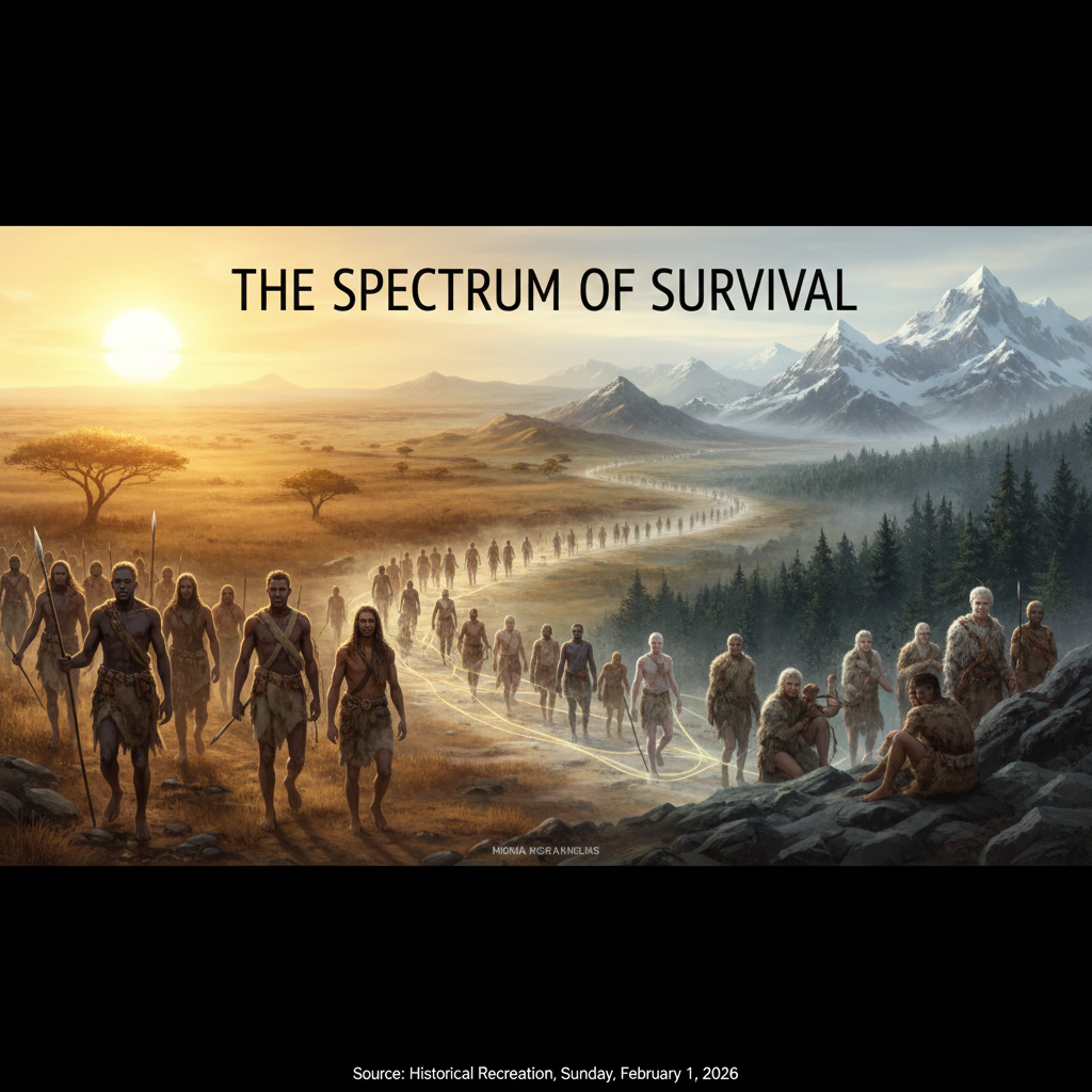 An illustration of human migration from Africa to northern climates showing the change in skin tones.