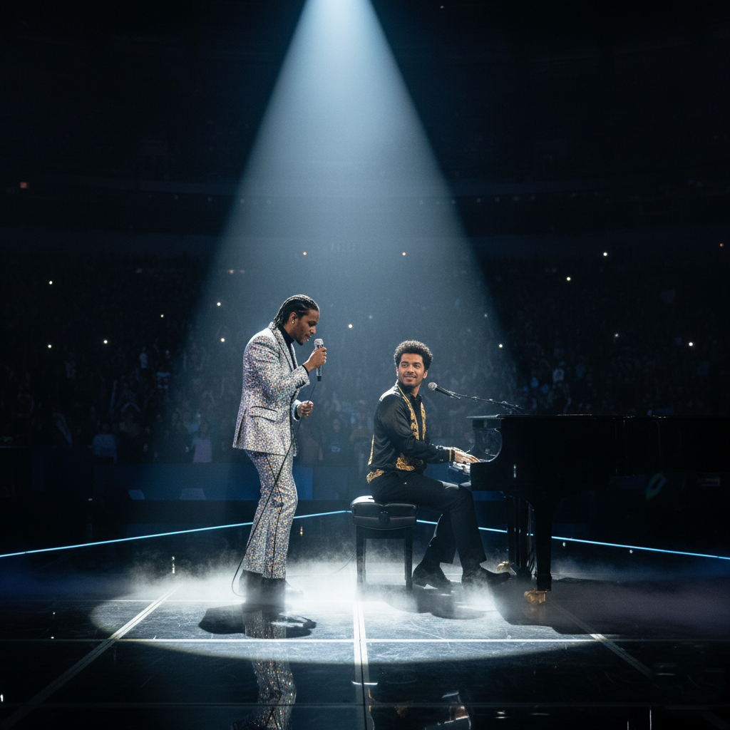 Bad Bunny and Bruno Mars performing a duet at the Super Bowl.