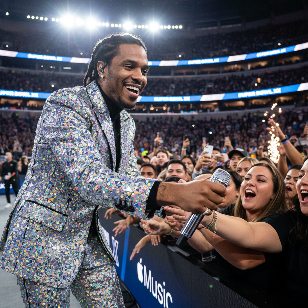 Bad Bunny interacting with fans during his halftime performance.