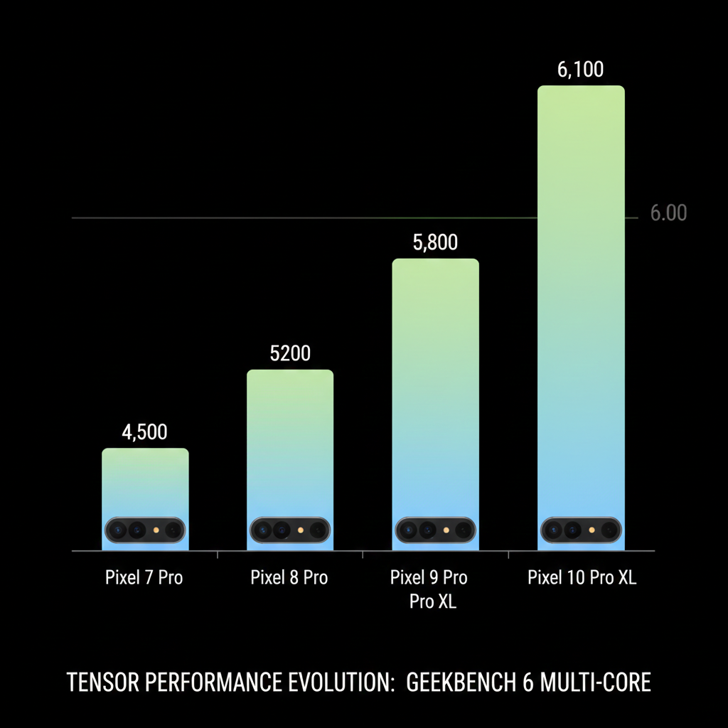 Benchmark score comparison chart for Pixel 7, 8, 9, and 10 Pro.