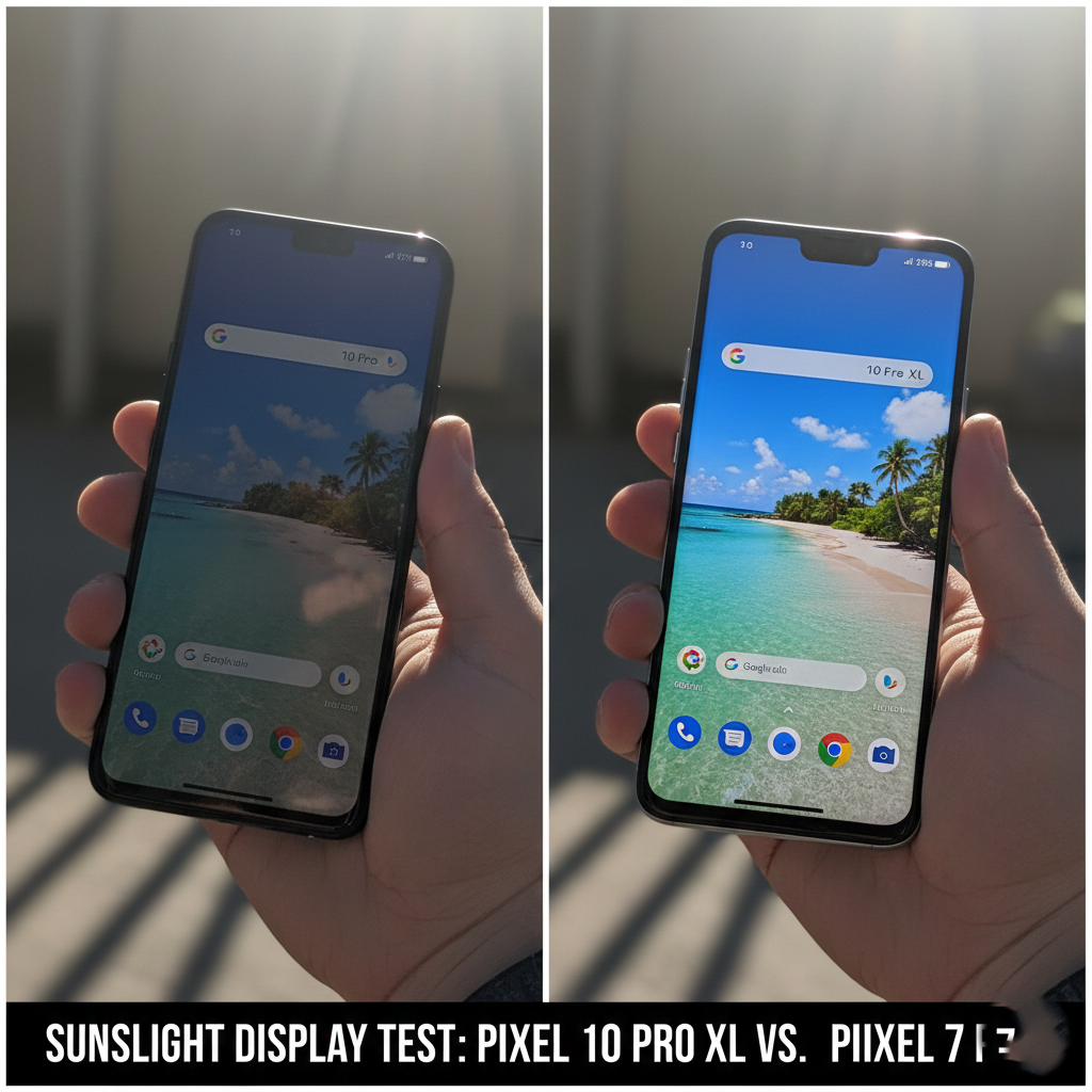 Comparing screen visibility of Pixel 7 Pro and Pixel 10 Pro XL in sunlight.