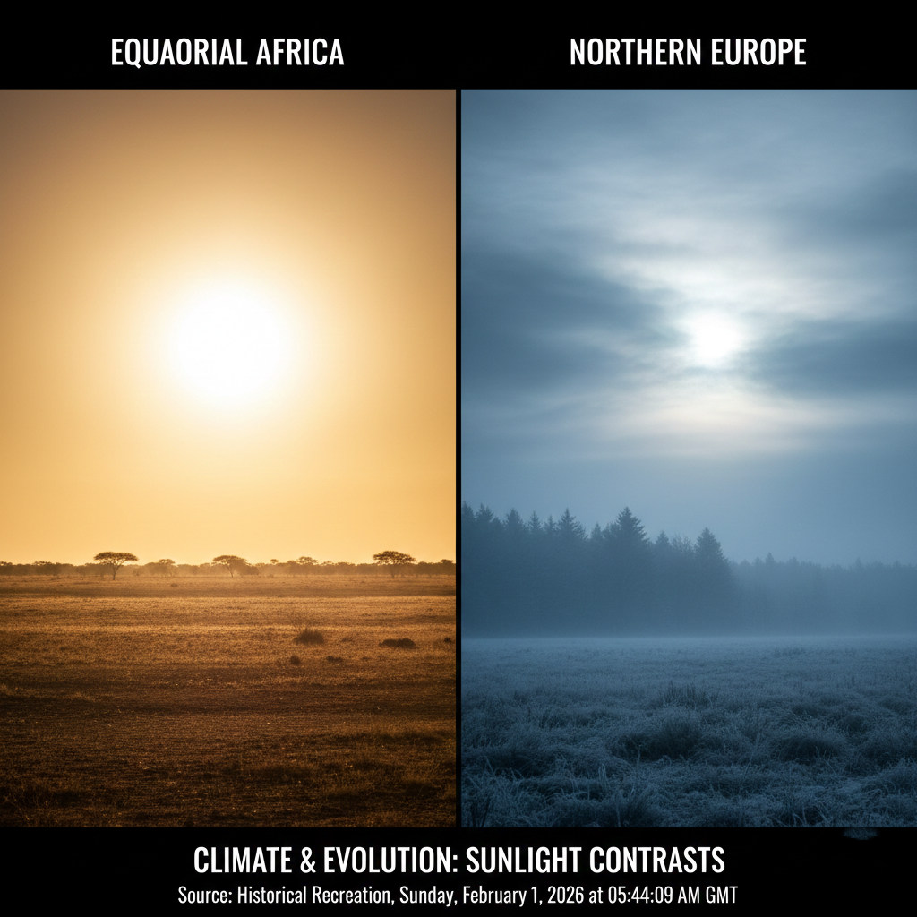 Comparison of sunlight intensity between equatorial Africa and Northern Europe.