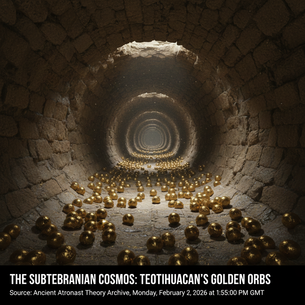 Digital recreation of the golden metallic orbs found in the tunnel beneath Teotihuacan.