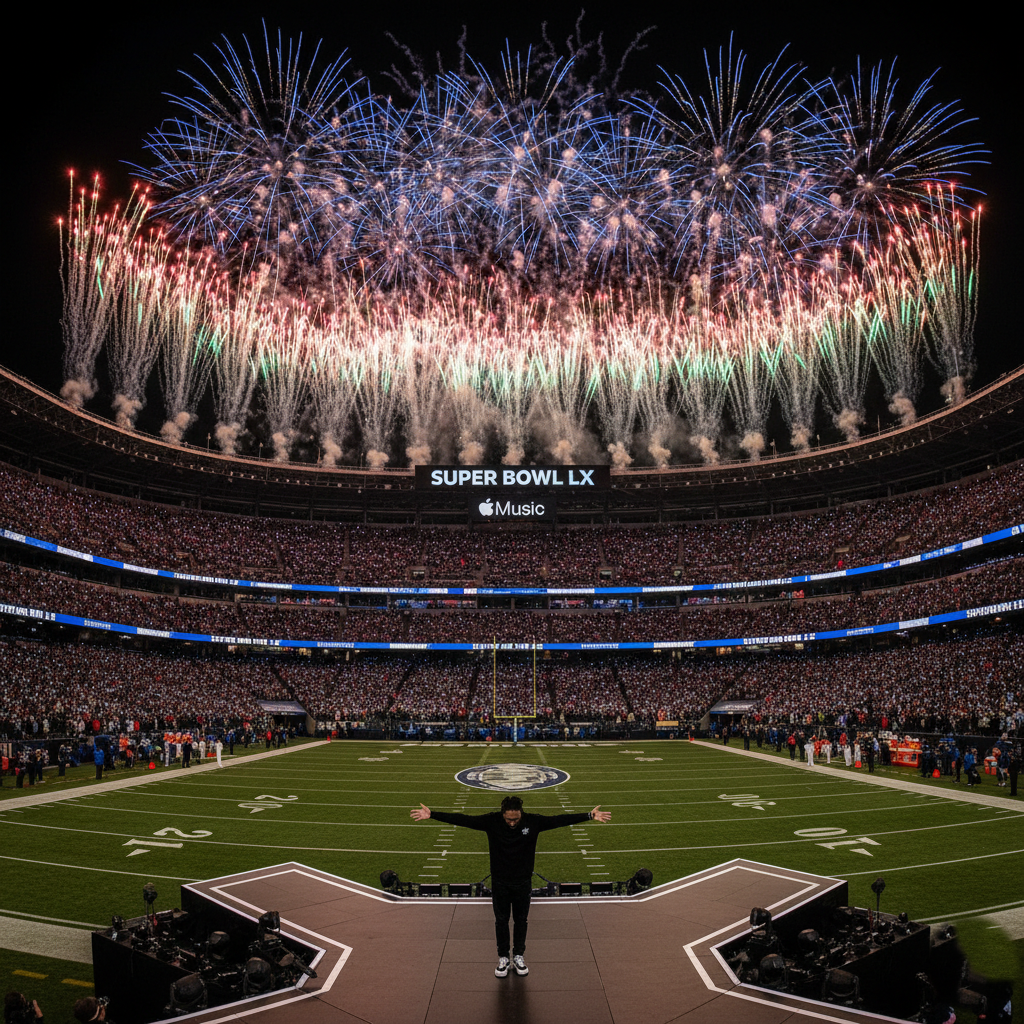 Final fireworks and celebration at the end of the Super Bowl halftime show.