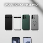 Four generations of Google Pixel Pro smartphones side-by-side.