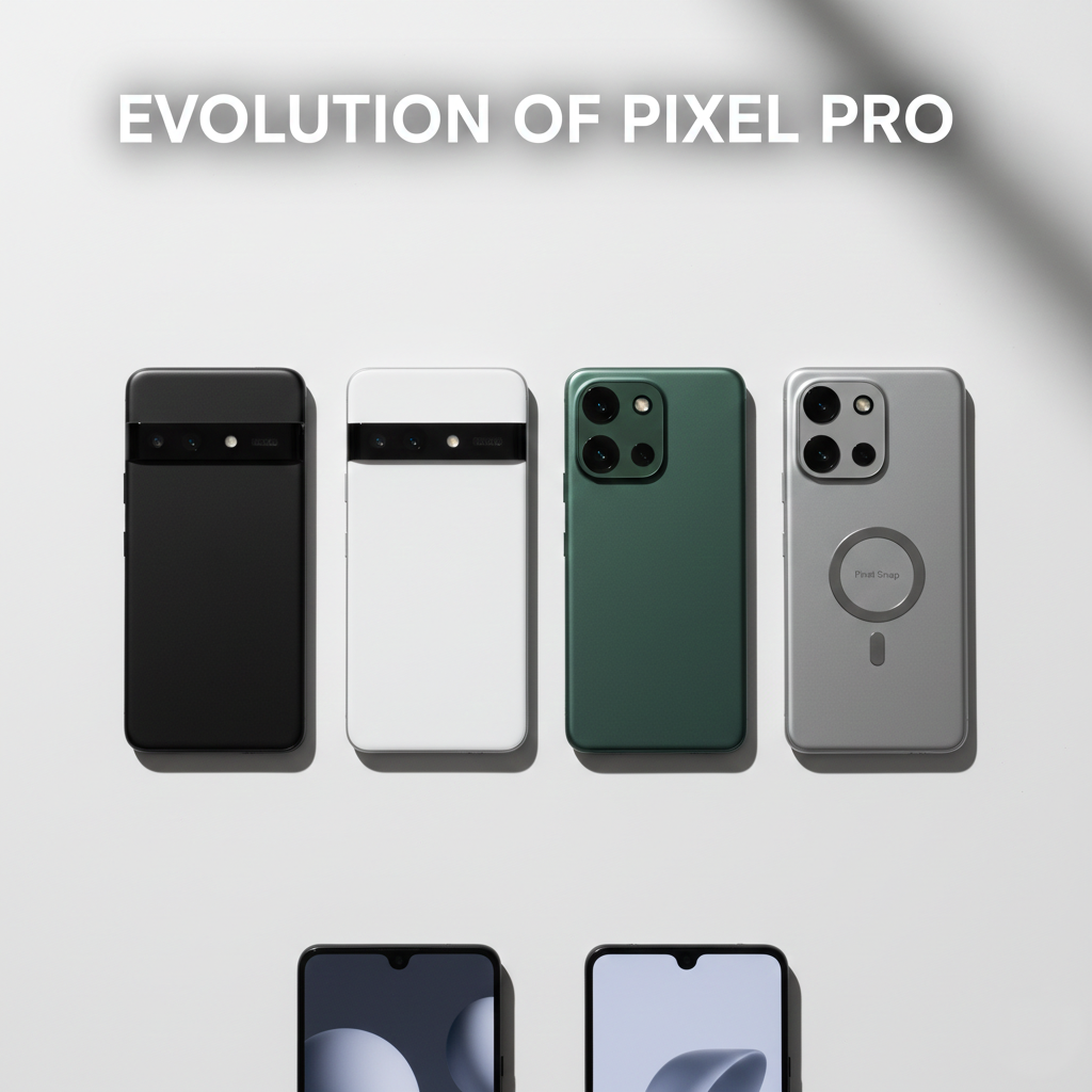 Four generations of Google Pixel Pro smartphones side-by-side.