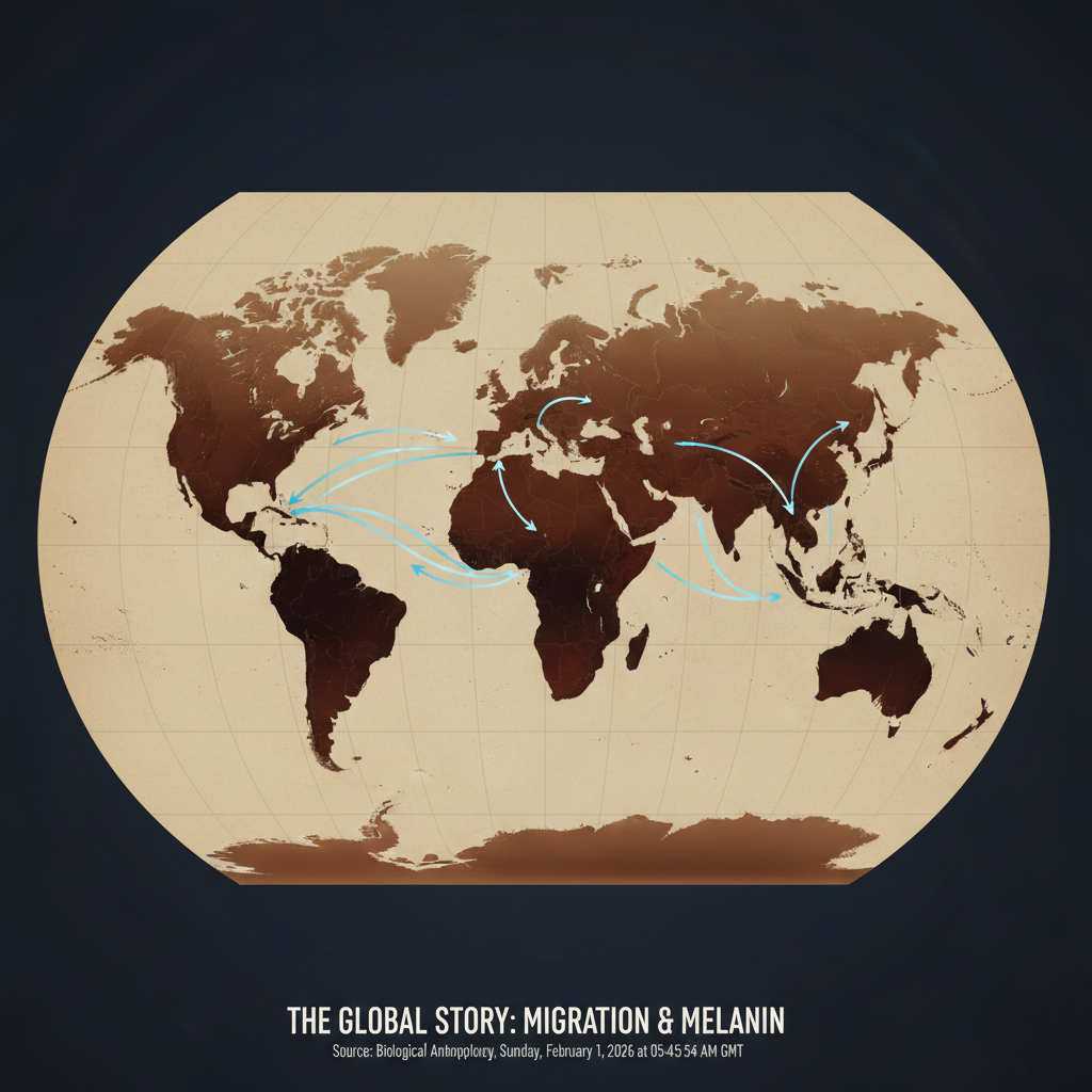 Map showing the global distribution and gradient of human skin tones.