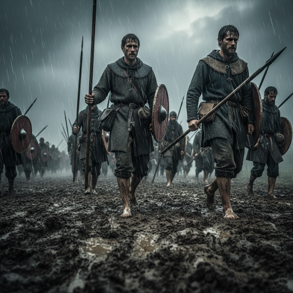 Medieval soldiers marching through heavy mud and rain during a campaign.