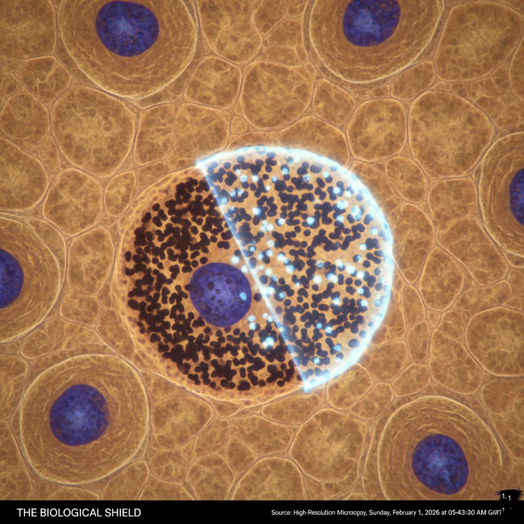 Microscopic view of melanin pigment protecting skin cell DNA from UV radiation.