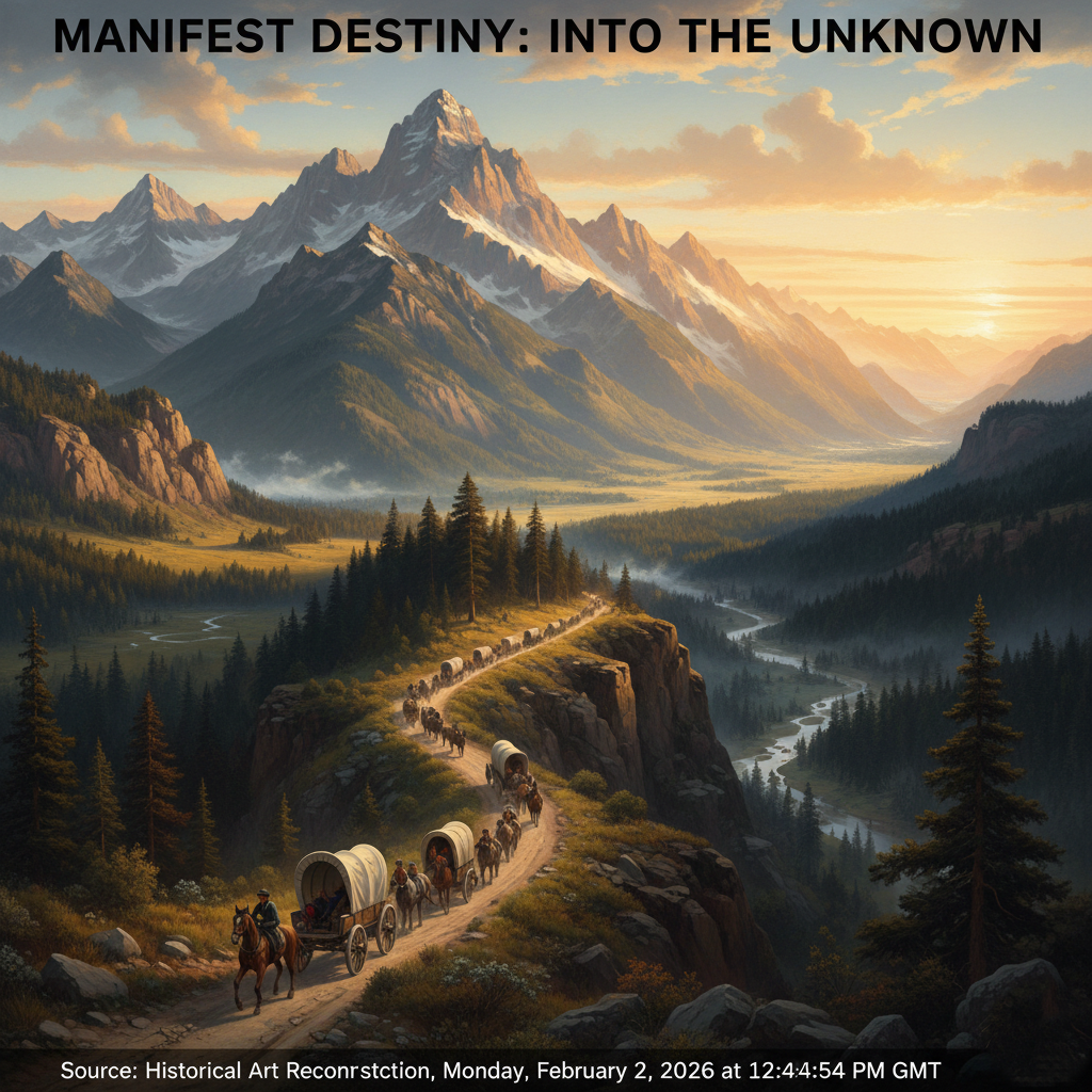 Settlers moving westward through the Rocky Mountains during the mid-1800s.