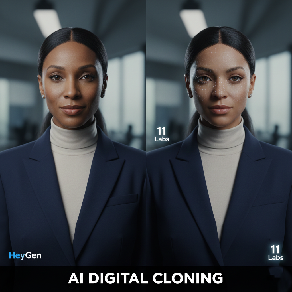 Side-by-side comparison of a real person and their AI avatar.