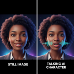 Split-screen showing a still AI image and a talking AI character.