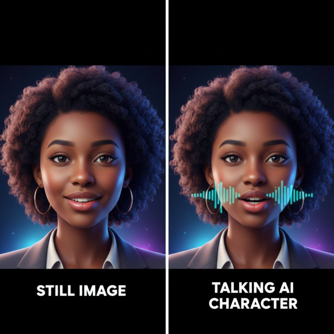 Split-screen showing a still AI image and a talking AI character.