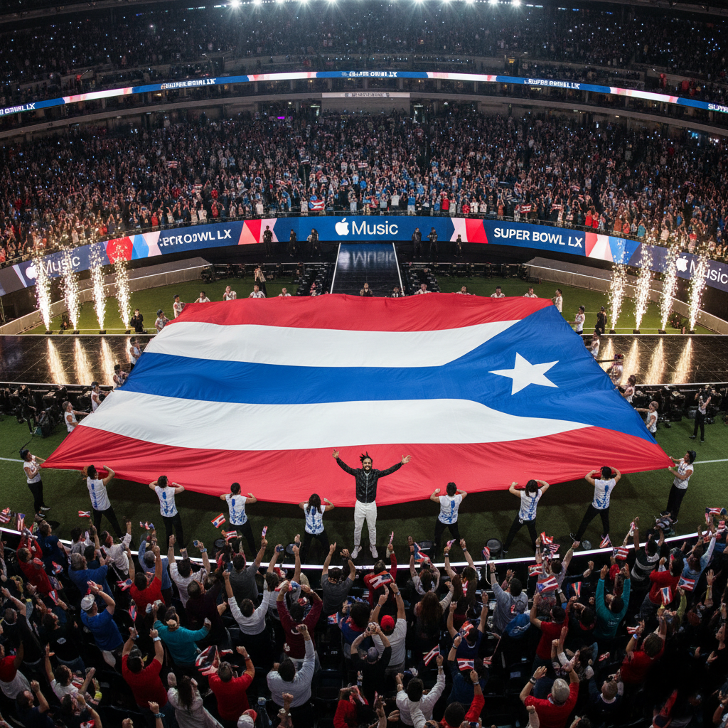 The Puerto Rican flag displayed during Bad Bunny's Super Bowl set.