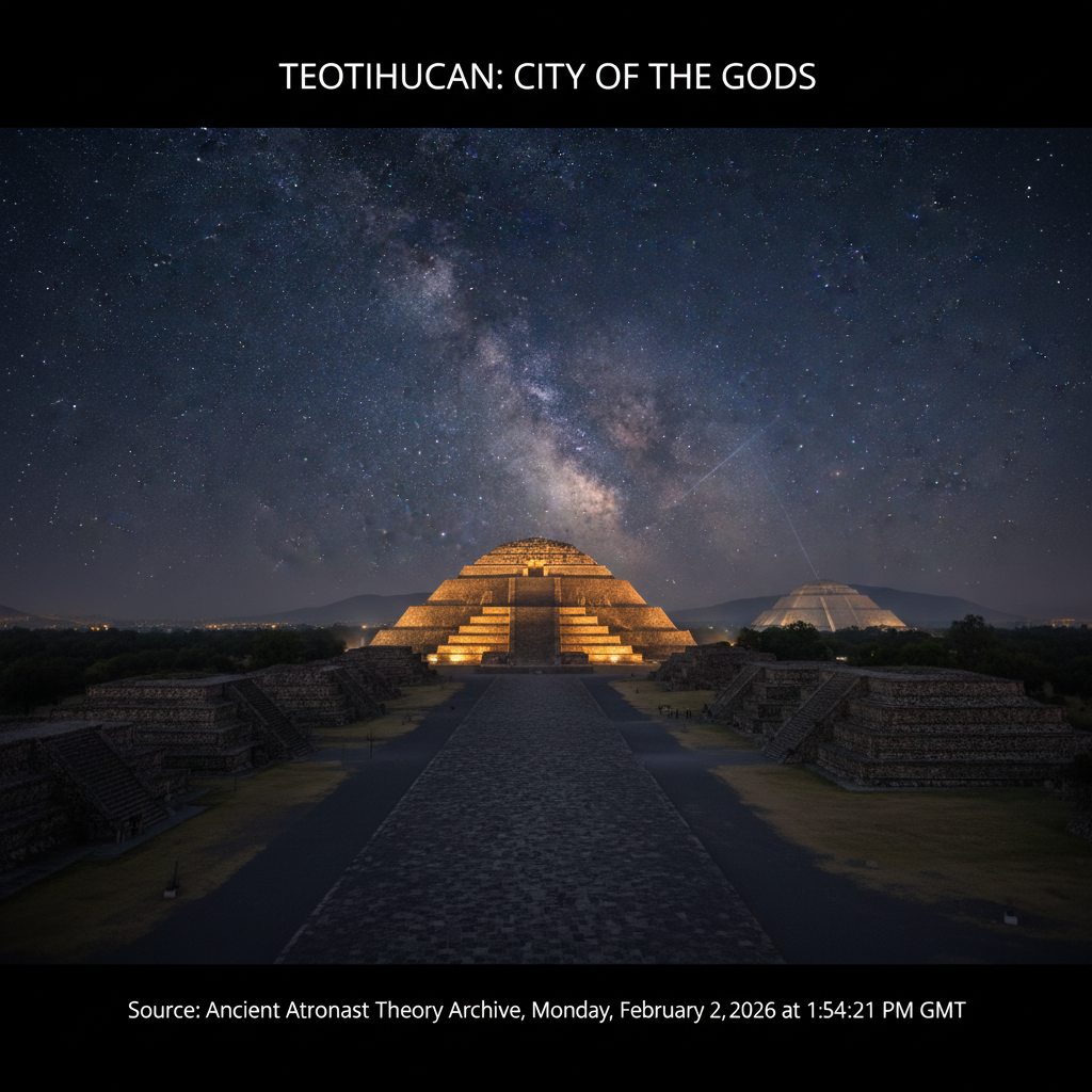 The Pyramid of the Sun at Teotihuacan under a star-studded night sky.