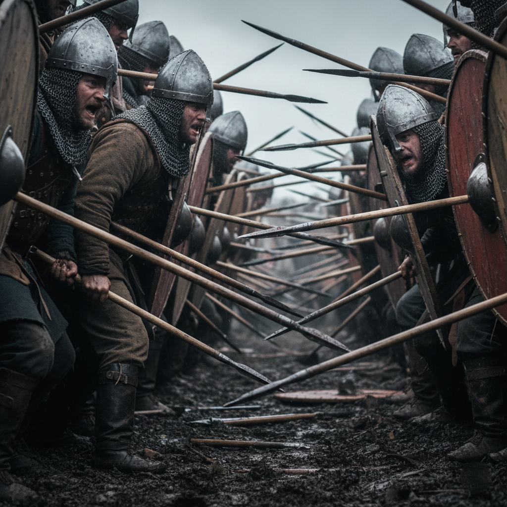 The intense physical pressure and chaos of a medieval shield wall collision.