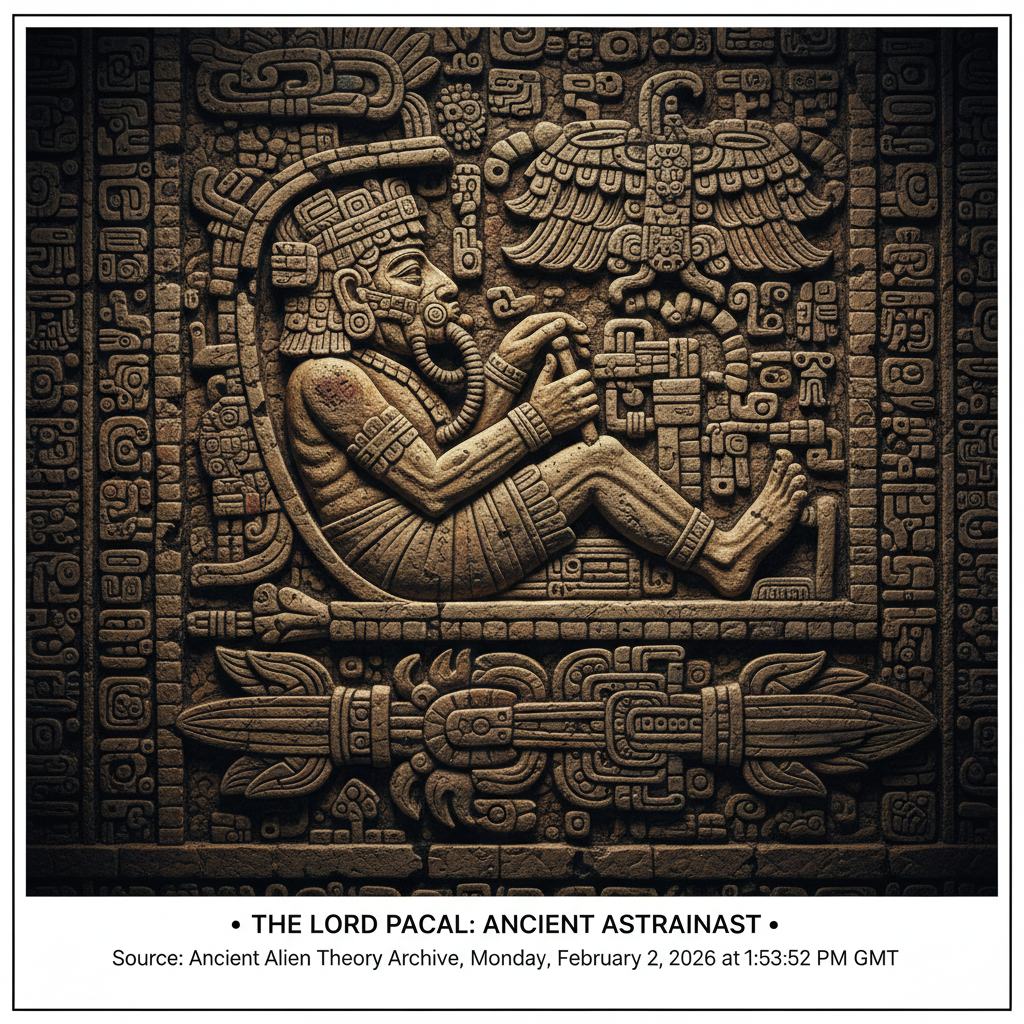 The intricate carvings on the sarcophagus lid of the Mayan ruler Lord Pacal.