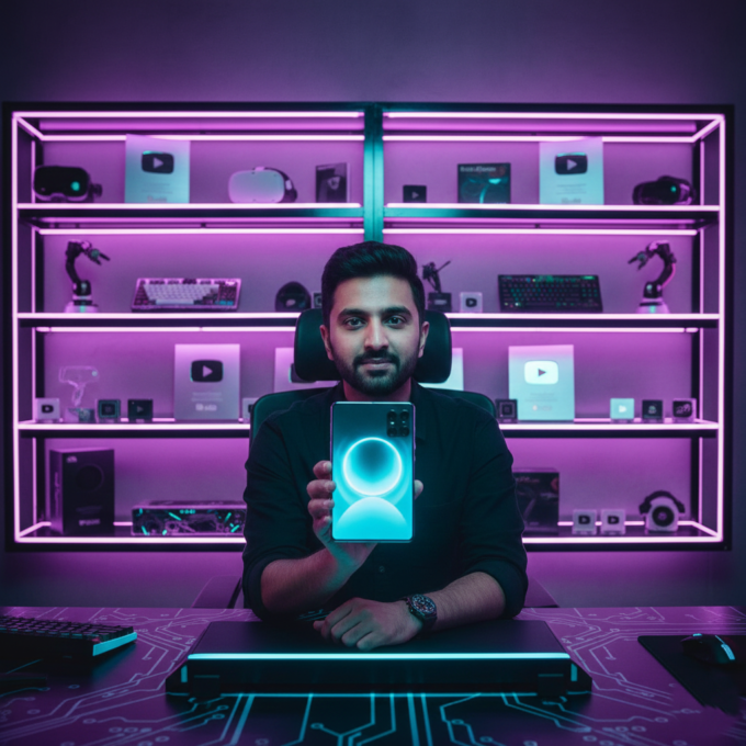 Arun Maini of Mrwhosetheboss in a high-tech studio setting.