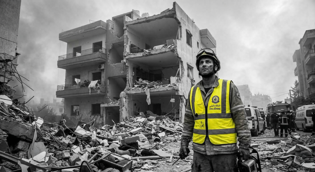 Damaged residential building and emergency responders in Nabatia, Lebanon.