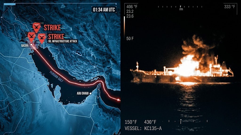 Digital map and thermal footage of oil infrastructure attacks in the Persian Gulf.