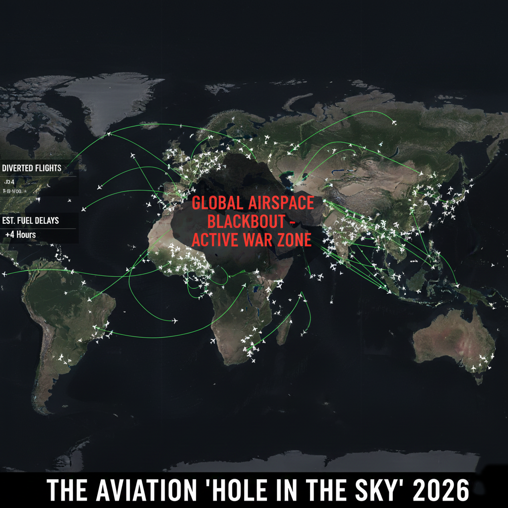 Flight tracking map showing the aviation hole over the Middle East war zone.