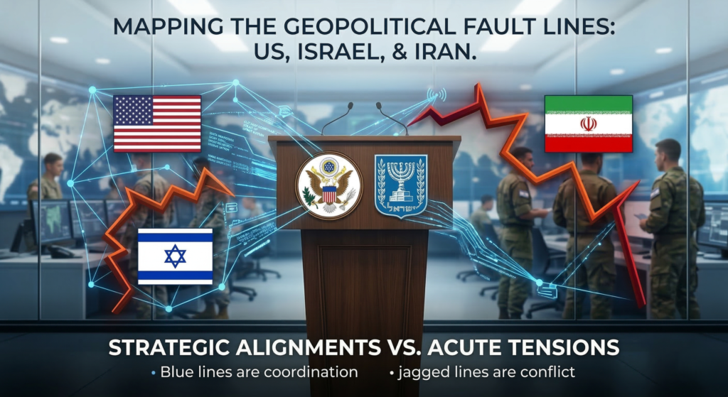 Graphic representing the tension between Iran, the US, and Israel.