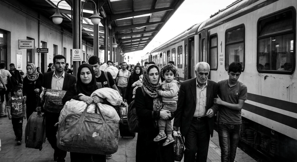Iranian refugees arriving by train in Turkey to escape the conflict.