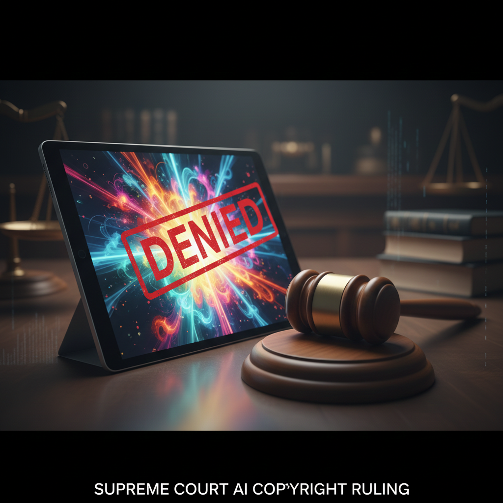 Legal graphic representing the Supreme Court's AI copyright ruling.