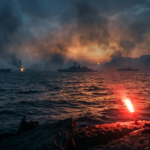 Naval vessels blockading the Strait of Hormuz under a dramatic morning sky.