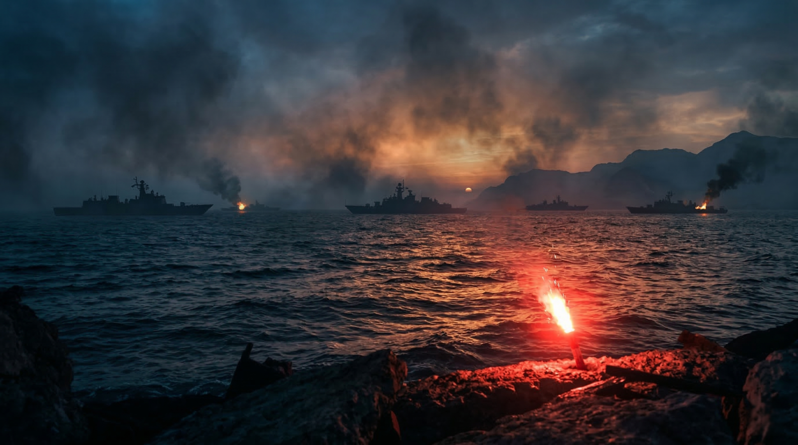 Naval vessels blockading the Strait of Hormuz under a dramatic morning sky.
